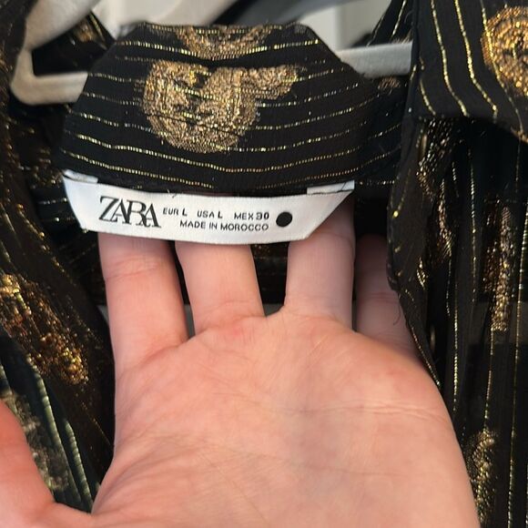Zara Black & Gold Metallic Paisley Print Button Down Long Sleeve Blouse - Picture 8 of 10